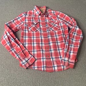 Hollister Mens Shirt Medium Pink Plaid Long‎ Sleeves Snap Front Western Cowboy